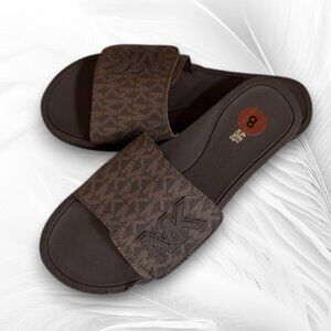 Michael Kors MK Logo Brown Slide Sandals Adjustable Strap Size 8